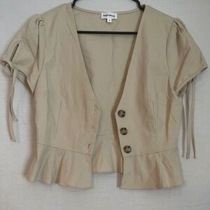 New Beige Short Sleeve Button-Down Blouse with Waist Ruffles - Size Small
